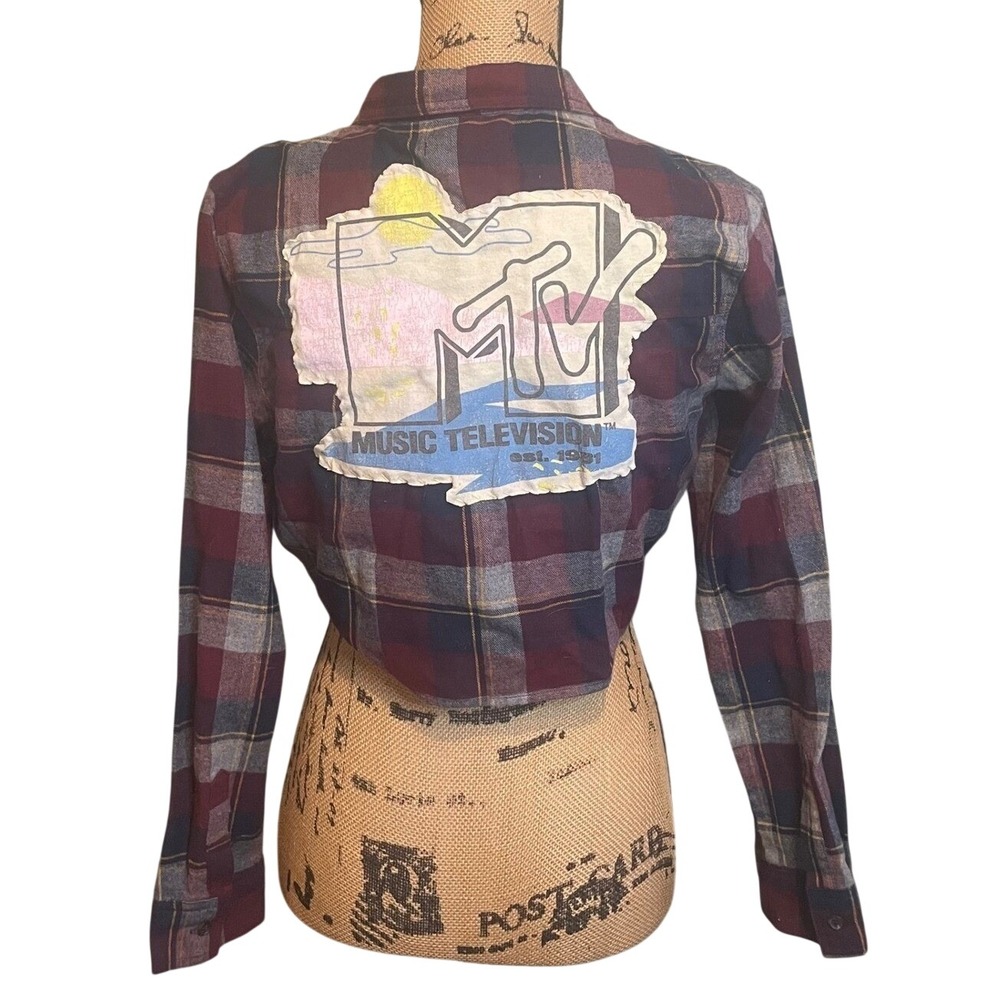 Handmade Upcycled Grunge MTV 90s Plaid Flannel Cropped Button Up Shirt Red Small